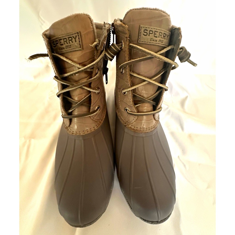 Sperry Women's Gray Lace-Up Quilted Duck Rain Boots Ankle Round Toe 6.5